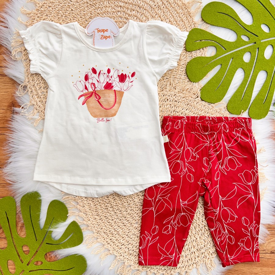  Conj. Blusa Bella Fiore e Calça Legging - Off White e Vermelho